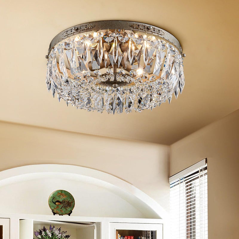 Bestier Antique Silver French Empire Crystal Semi Flush Mount Chandelier Lighting LED Ceiling Light Fixture Lamp for Dining Room Bathroom Bedroom Livingroom 4 E12 Bulbs Required D14 in X H8 in - Image 1
